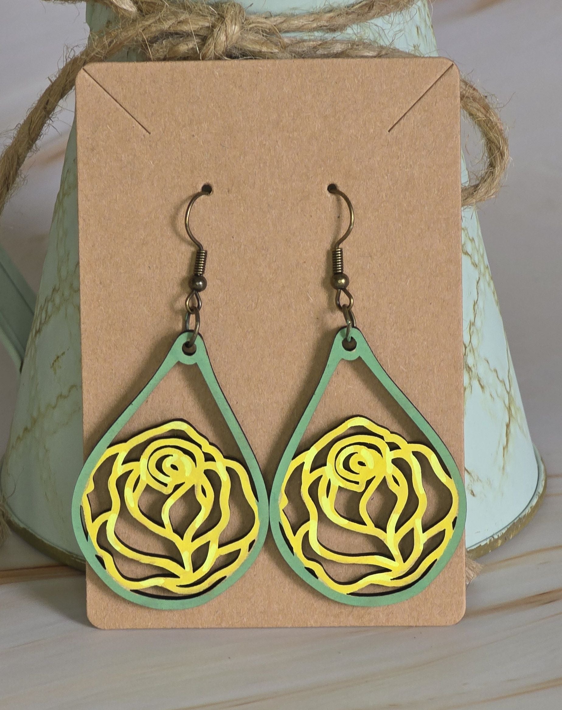 Laser Cut Teardrop Rose Earrings (Hand Painted)