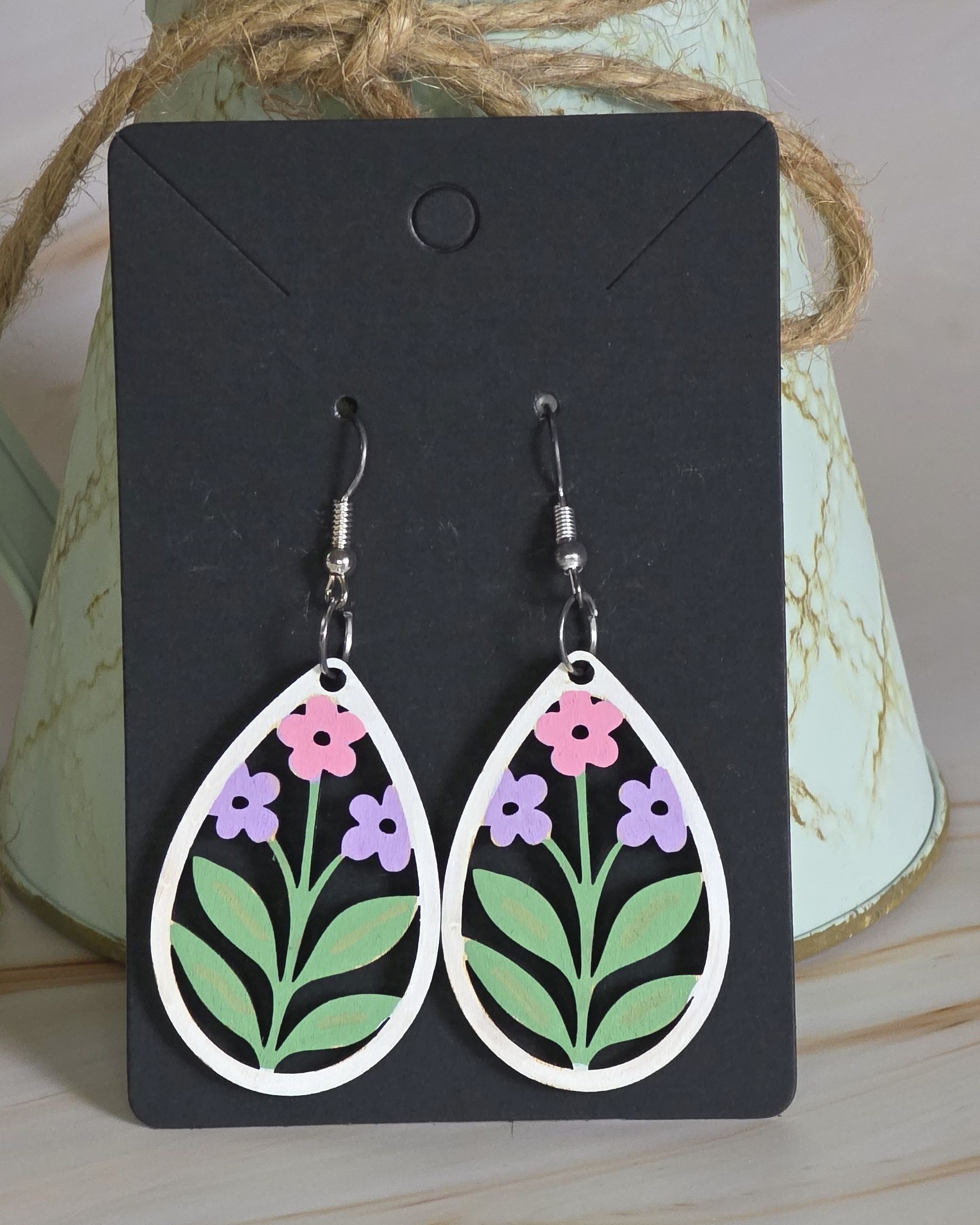 Laser Cut Floral Teardrop Earrings (Hand Painted)