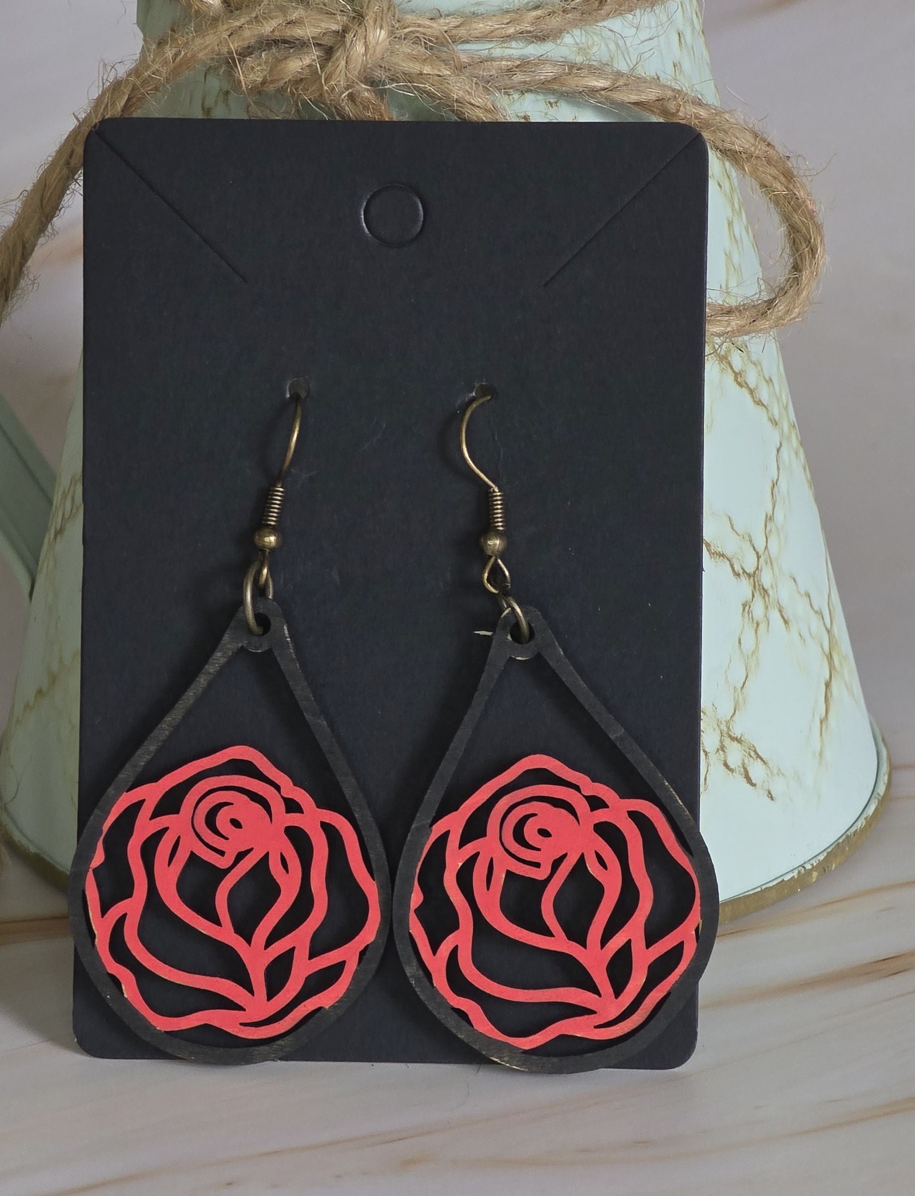 Laser Cut Rose Earrings (Hand Painted)