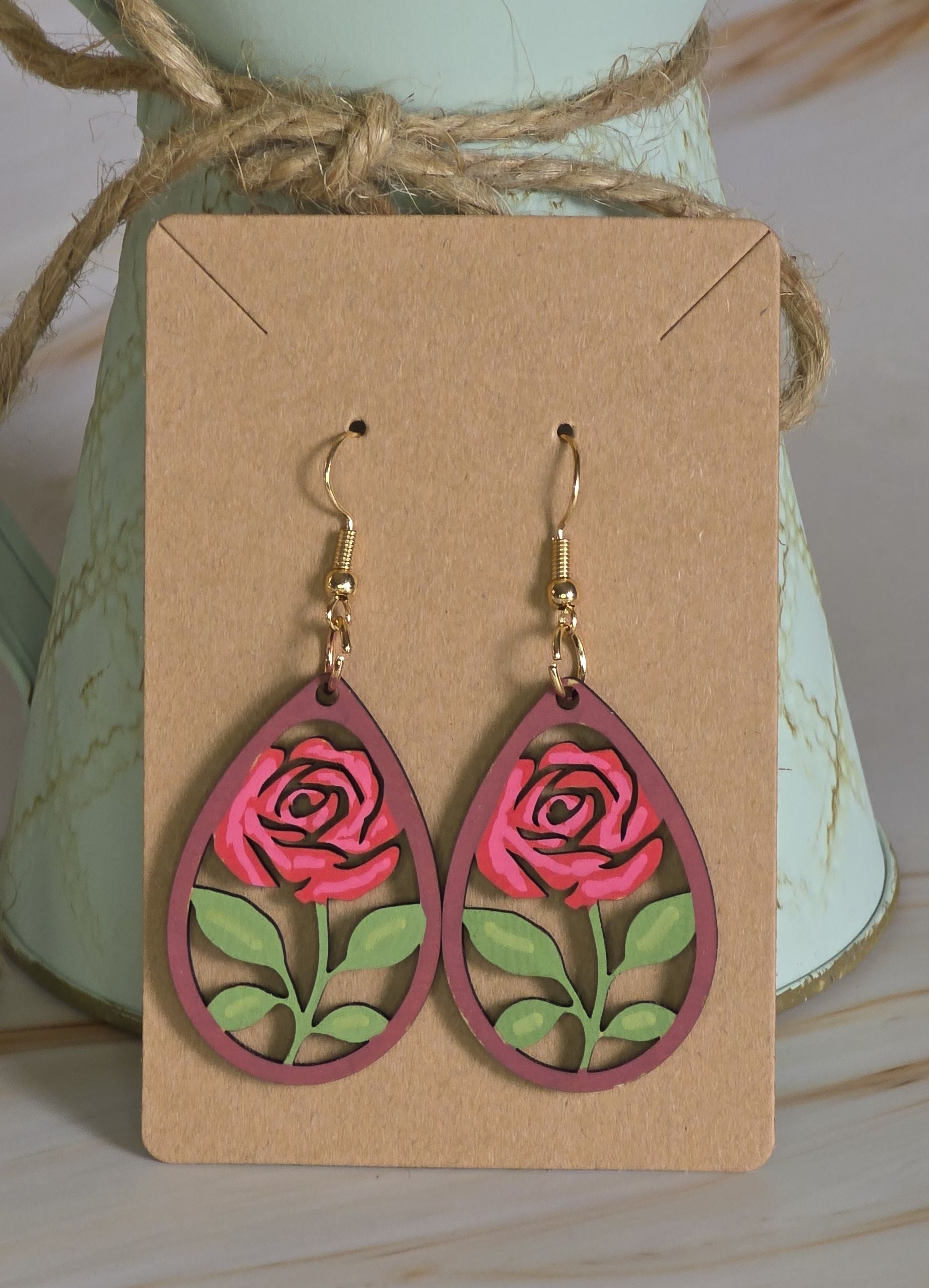 Laser Cut Rose Earrings (Hand Painted)