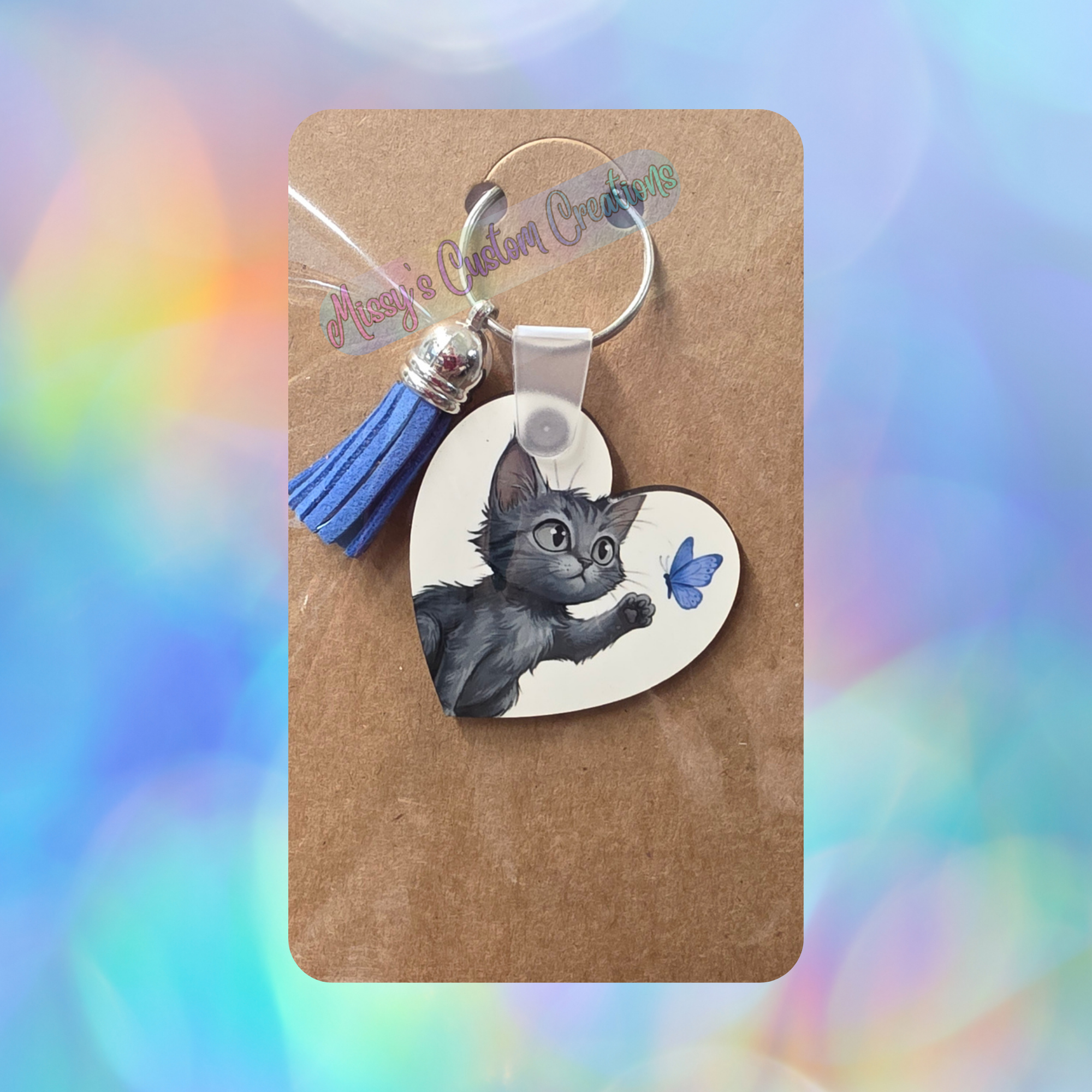 Heart Shaped Cat & Blue Butterfly Tassel Keychain